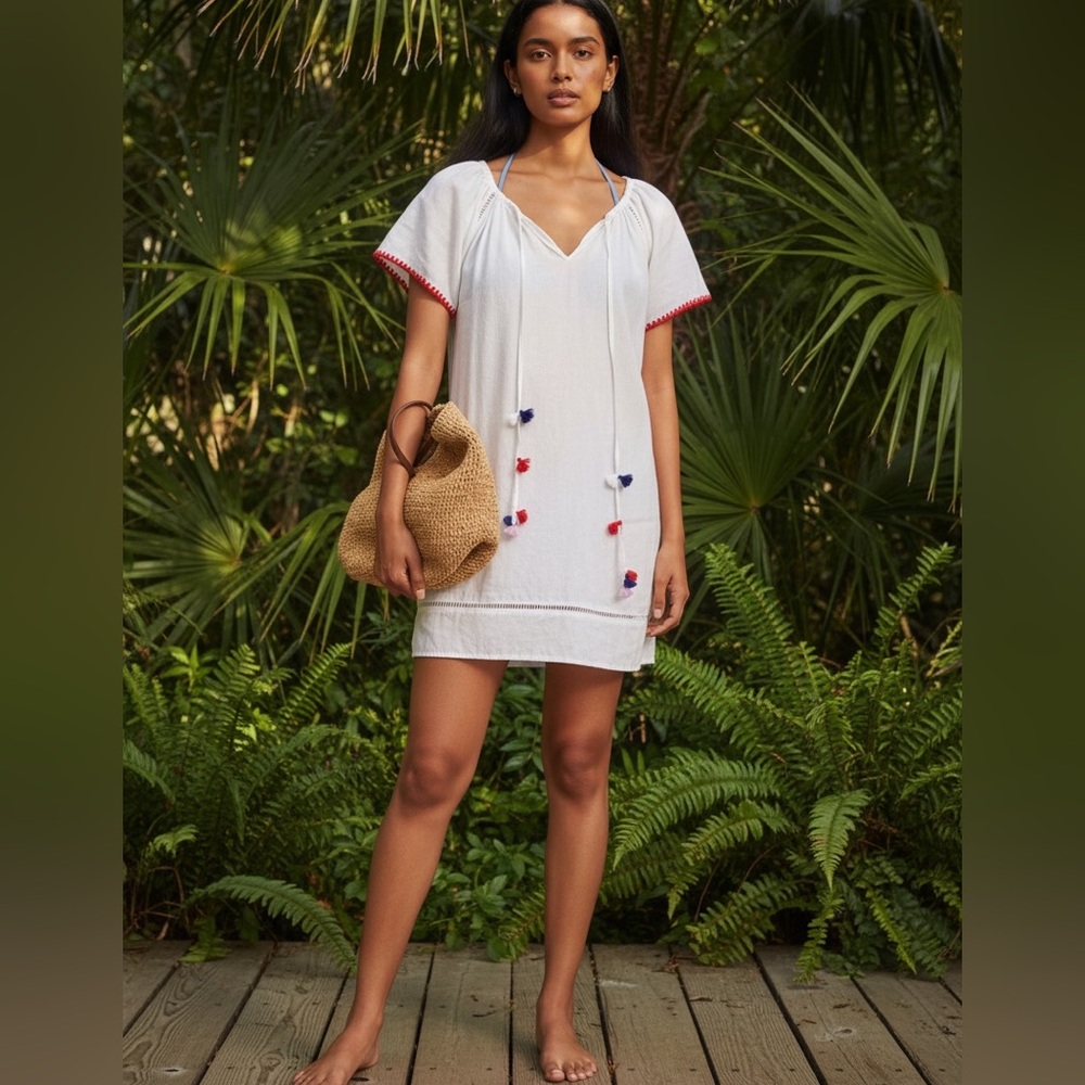 J. Crew White Beach Dress Cover Up Resort Colorful Tassels XS Linen Blend